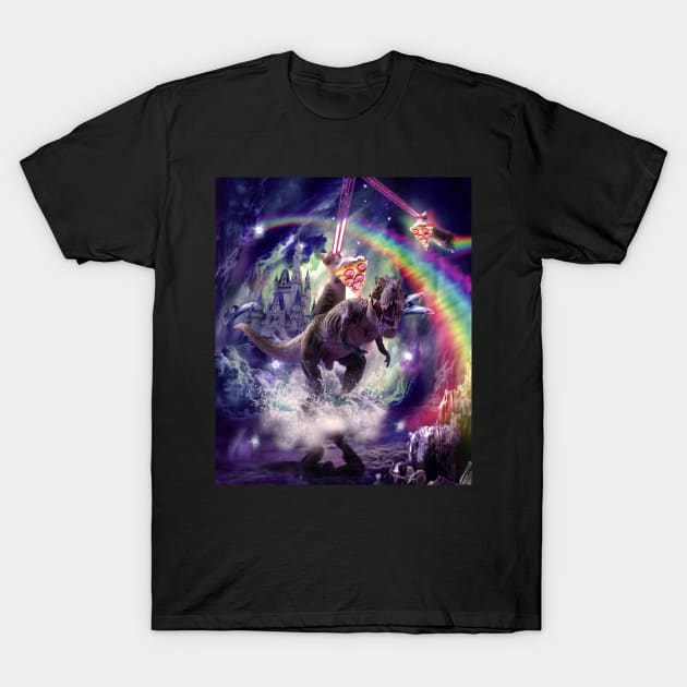 Rainbow Laser Space Cat On Dinosaur Eating Pizza T-Shirt by Random Galaxy